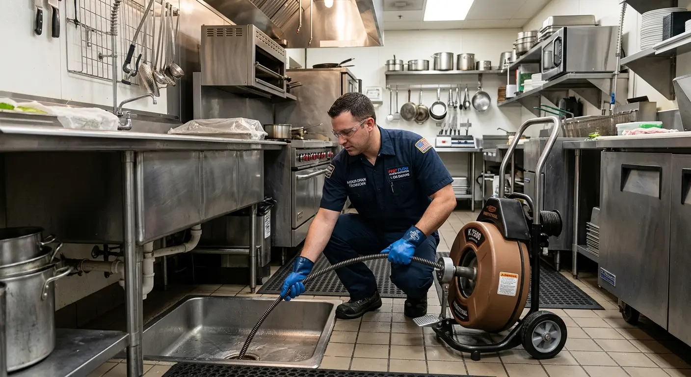 Commercial drain cleaning service in a restaurant kitchen in Pelham