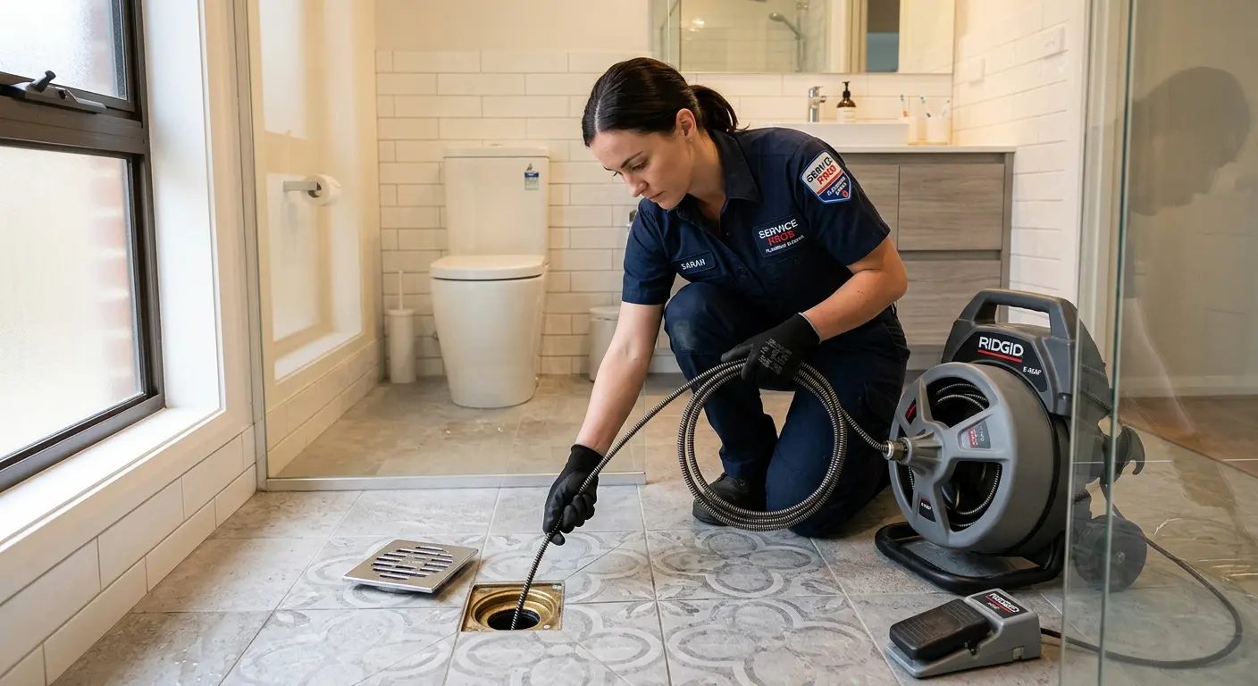 Technician clearing a bathroom floor drain for Drain Repair in Pelham